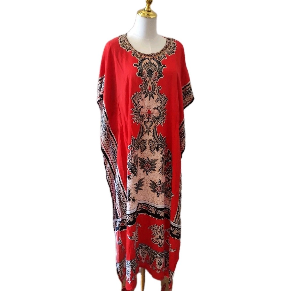 Vtg Kencana Ayu Batik Halus Women's Dress‎ Red Cotton Long One Size Indonisian